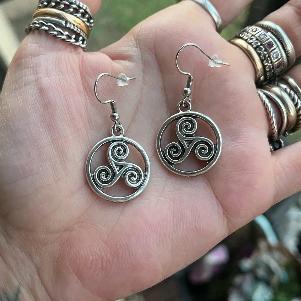 Set ! Green serpentine gems necklace celtic knot triquel + earrings boho celt - Picture 3 of 14